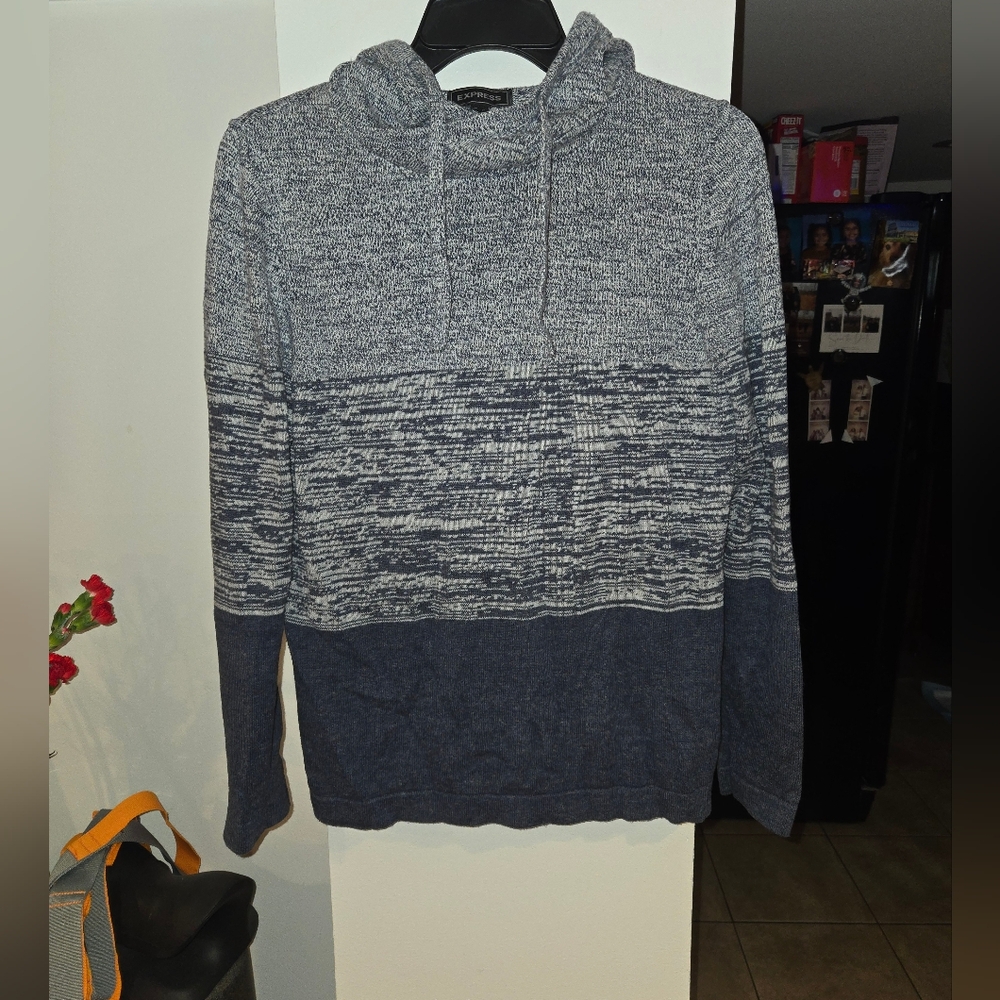 Express Gray and Blue Hooded Sweater